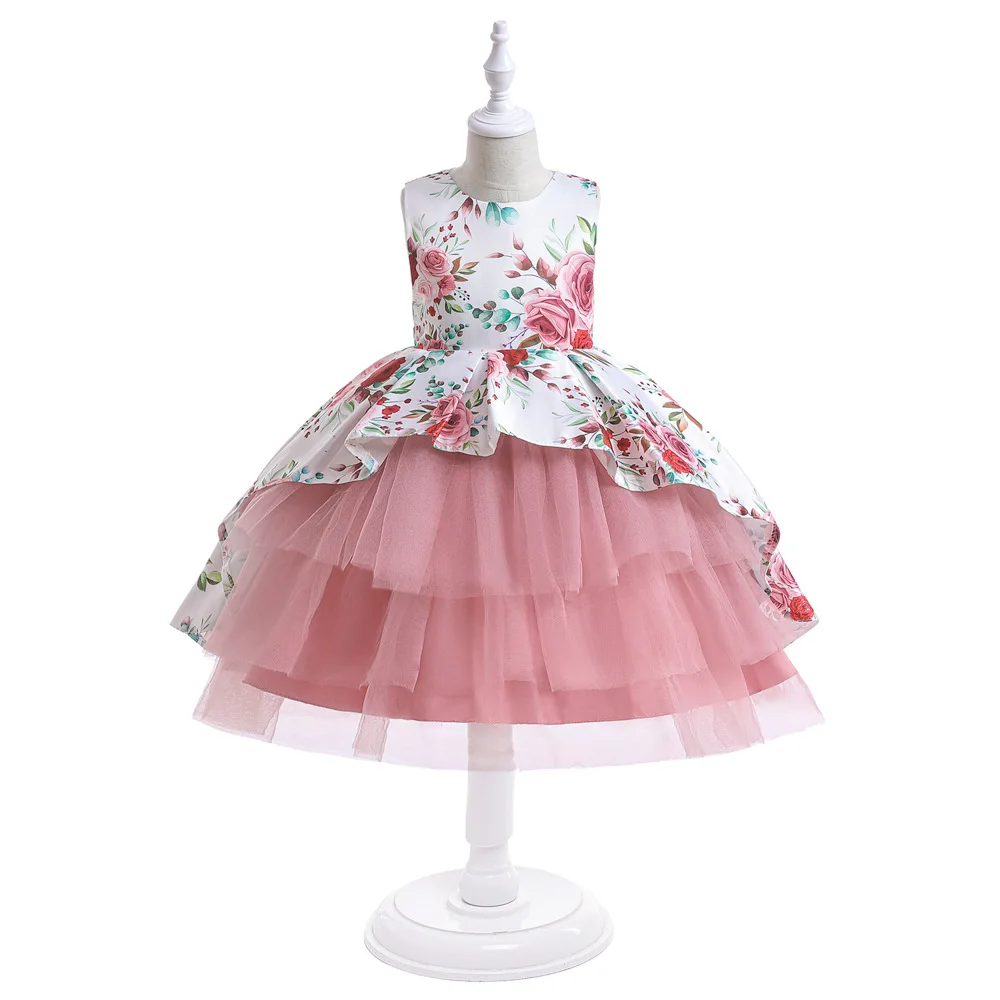 

Kids Satin Print Floral Dress For Girls Summer Children Wedding Party Formal Ball Gown for 4-10 Yrs First Communion Dresses