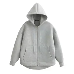 Women's Autumn Gray Hooded Jacket - Long Sleeve, Casual Loose Fit with Big Pockets and Zipper - XS (Light Grey)