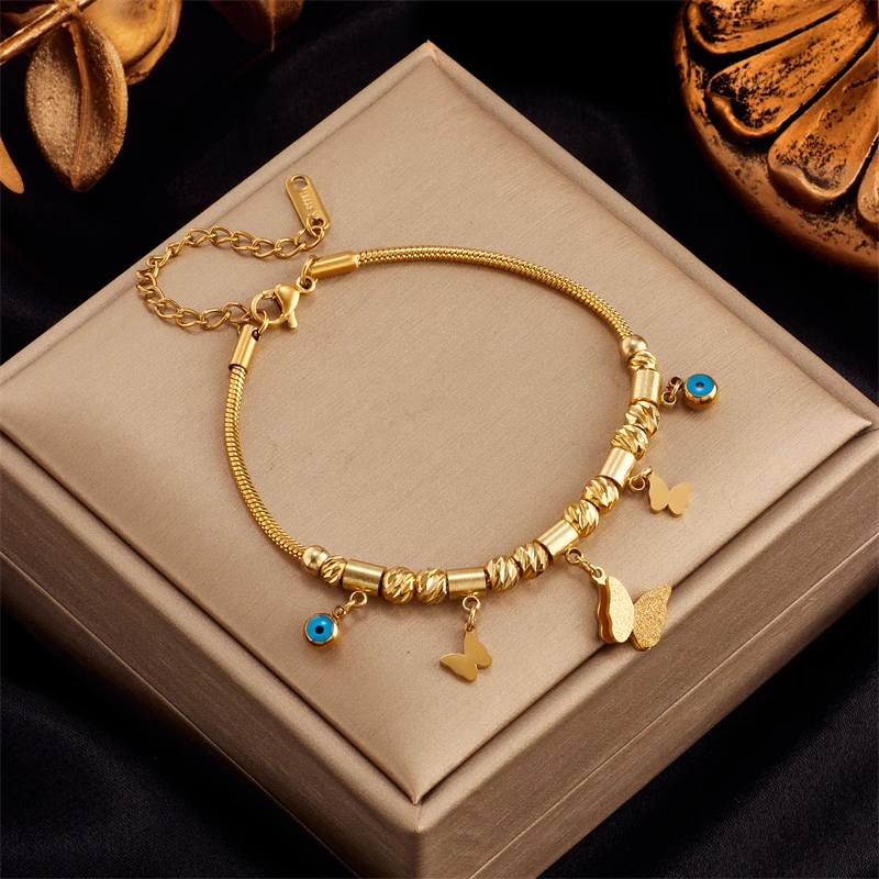 MEYRROYU 316 Stainless Steel Green Stone Butterfly Tassel Multilayer Snake Chain Bracelet for Women Wedding Jewelry Beach брелок