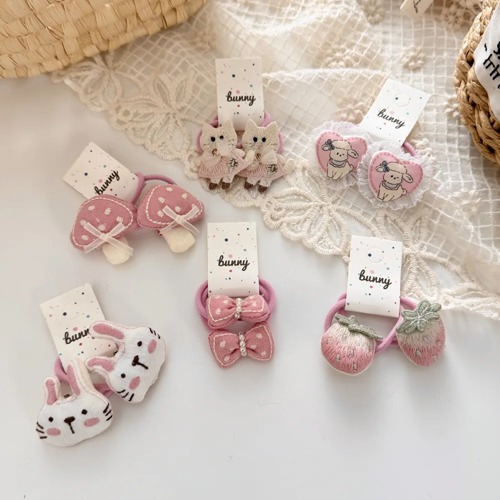 2pcs/set Baby Cute Cartoon Elastic Hair Rope Ties Hair Bands Bowknot Girls Ponytail Holder Rubber Kids Hair Accessories Headwear