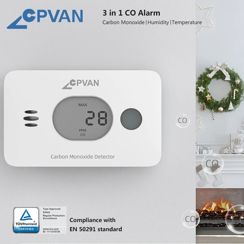 3 in 1 Carbon Monoxide Detector with Temperature&Humidity Digital screen Wireless CO Detector Home Security Protection CO Alarm