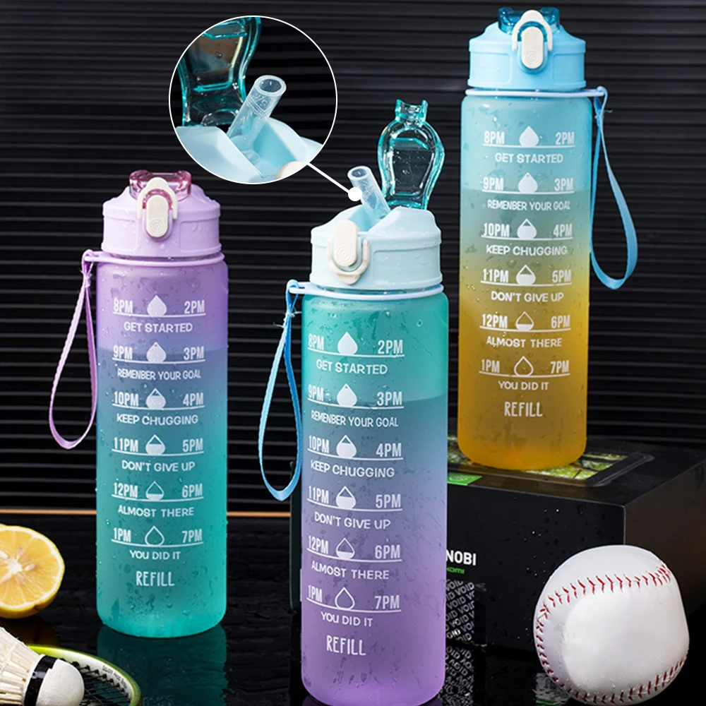 Sports Water Bottle With Straw Time Marker Leakproof Cold Drink