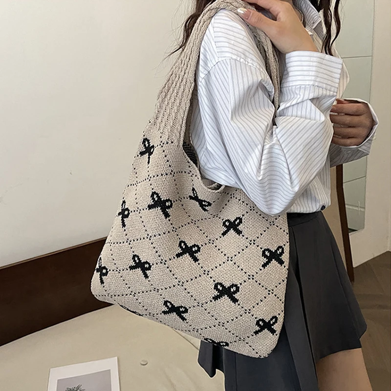 Bow Knitted Women's Bag Knit Eco Bag Korean Foldable Shopper Y2K Crochet Rope Shoulder Bag Sweet Knitting Handbag Ins Tote Bag