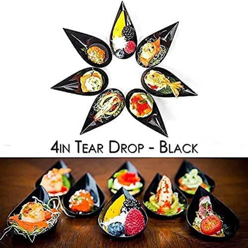 100 Tear Drop Mini Appetizer Plates-Mini Dessert Plates Tasting Spoons Plastic Spoons Dessert Spoon Bowls, Black HOT
