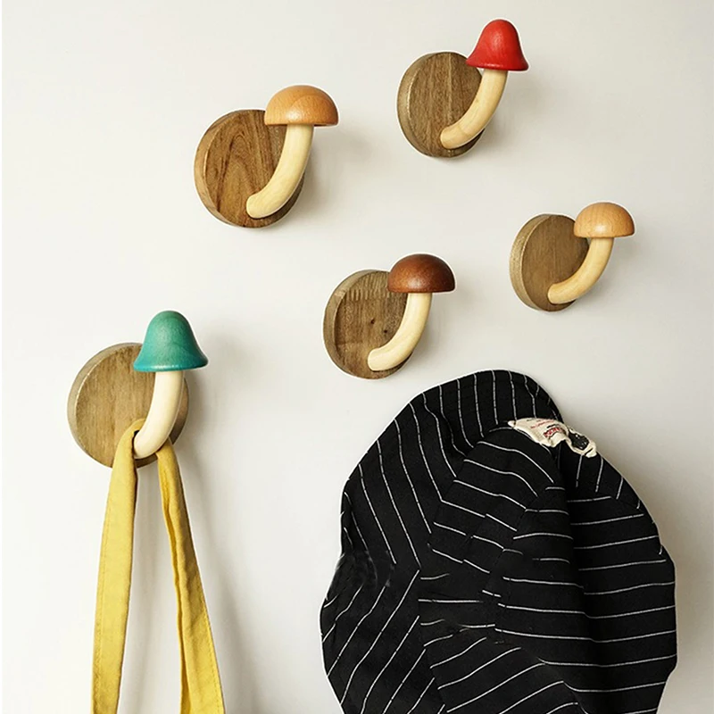 

Wooden Mushroom Wall Hook Unique Clothes Hats Holder Without Drilling Decoration Hook Mushroom Design Wooden Door Hanger