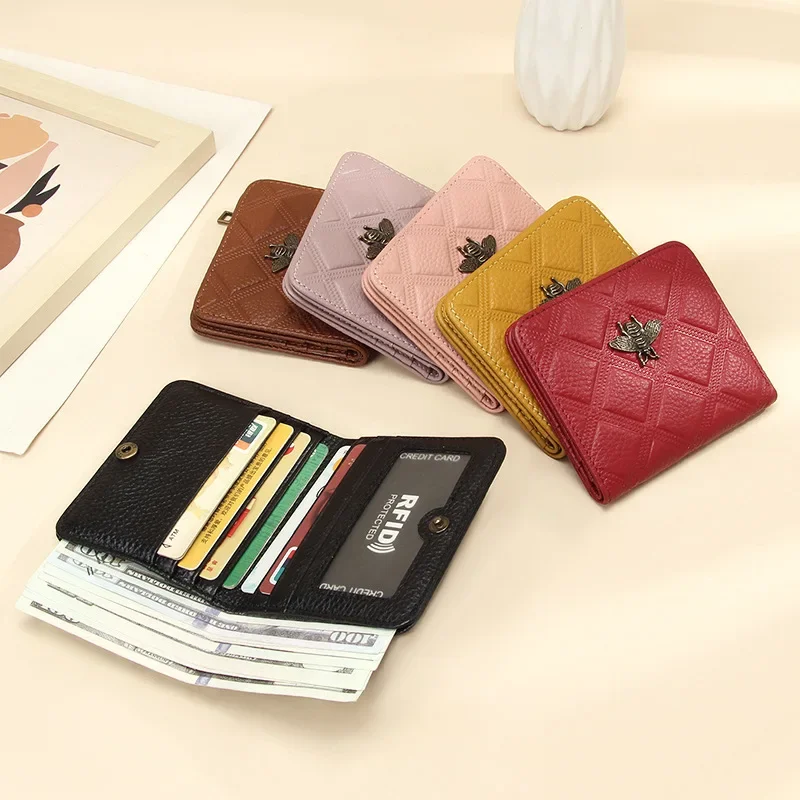 

Luxury Brand Bee Decoration Women Leather Wallet RFID Blocking Small Bifold Zipper Pocket Wallet Card Case Purse with ID Window