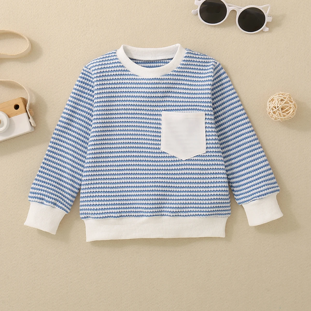 Fall Unisex Boys Girls Infants Light Blue Casual Warm Comfortable Knit Striped Pocket Long Sleeve T-Shirt