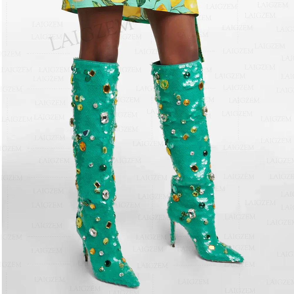 

BERZIMER Boots Knee High Pull On Boots Bling Glitter 9.5CM/12CM Thin High Heels Shoes Woman Zapatos Mujer Large Size 32 40 42 46