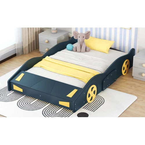 Full Size Race Car-Shaped Platform Bed with Wheels and Storage, Dark Blue+Yellow 5