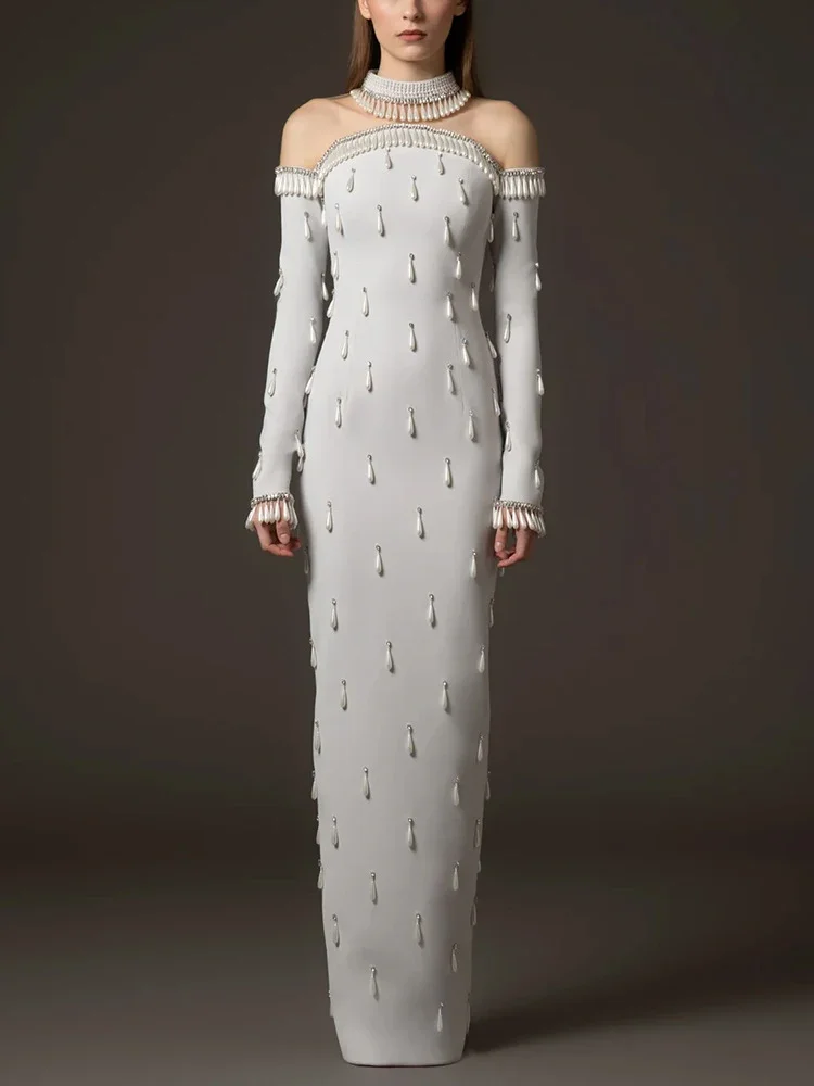 Sexy Stand Neck Mesh Patchwork Pearl Diamonds Maxi Dress Women White Long  Sleeves Beaded Fringe Slim Dresses Evening Party Gowns - AliExpress  200000345