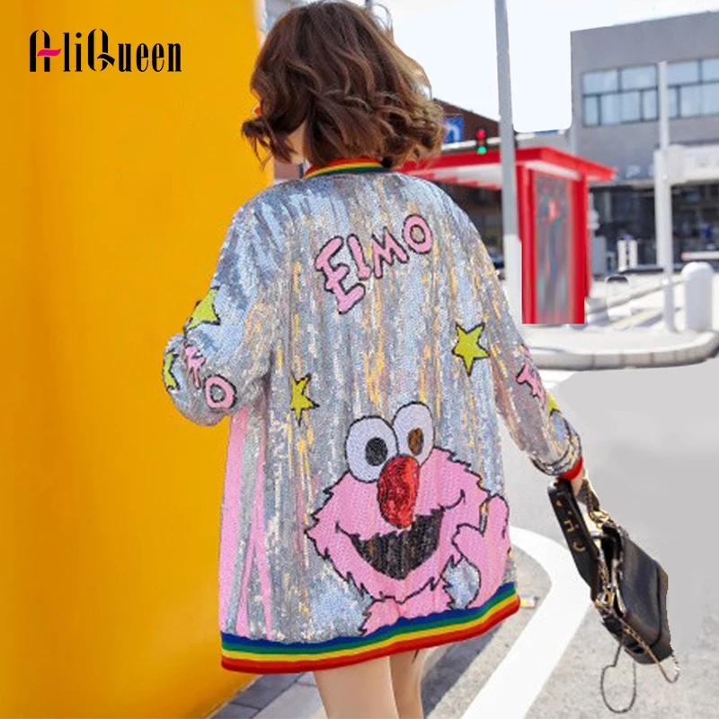 

Куртка женская Свободная с длинным рукавом, пальто с мультяшным принтом и блестками, уличная одежда в стиле хип-хоп, верхняя одежда для ночного клуба, весна-осень