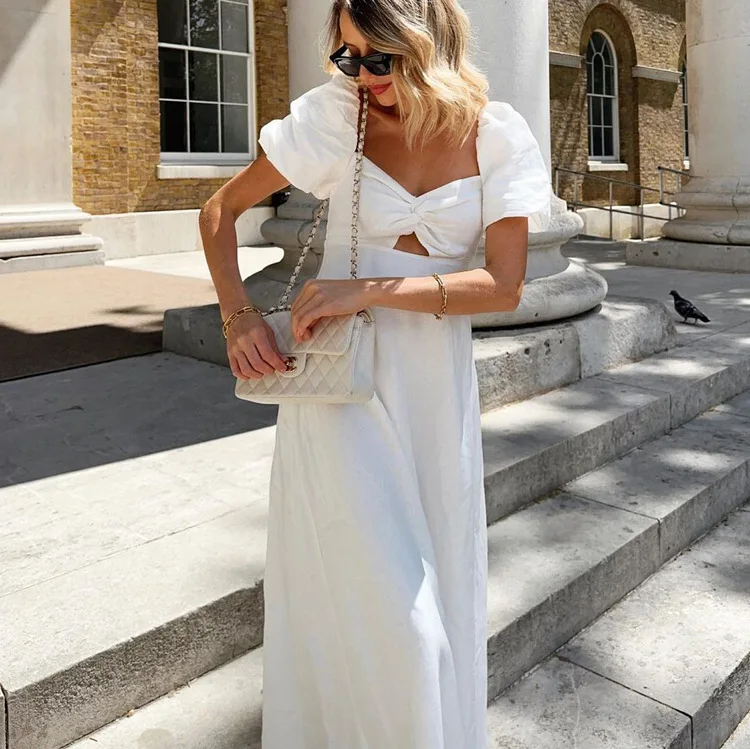 Square Neck Hollow Out White Long Dress For Women Twist Fashion Short Sleeve High Waist Autumn Party Dress Women's Clothes