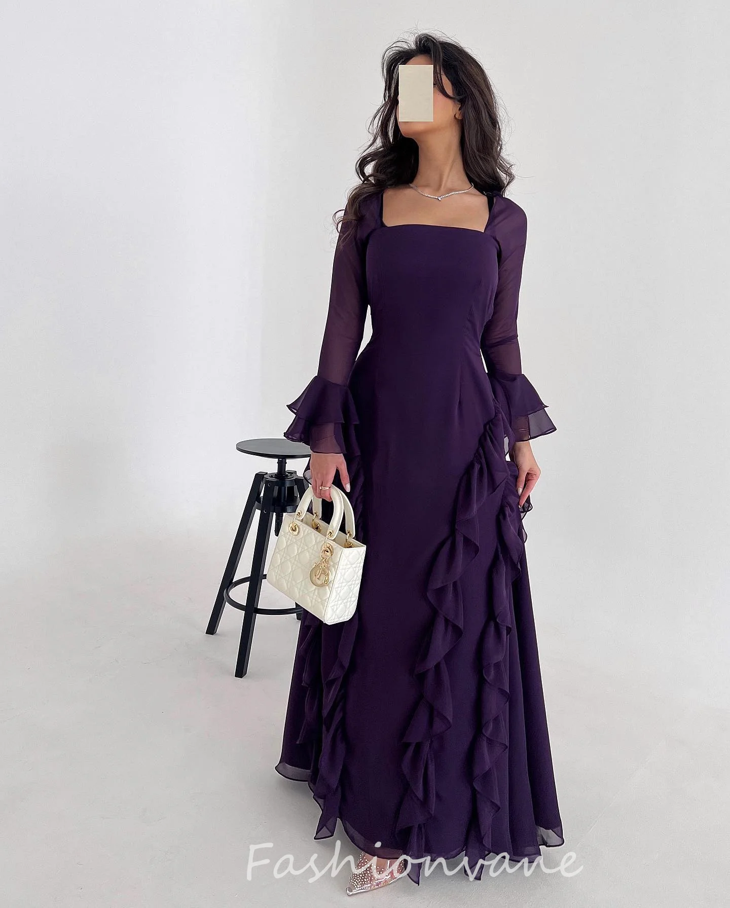 

Fashionvane Chiffon Evening Dresses Ruffled Purple Formal Occasion Gown Square Neck Prom Dress Evening Gowns 2024 Ankle Length