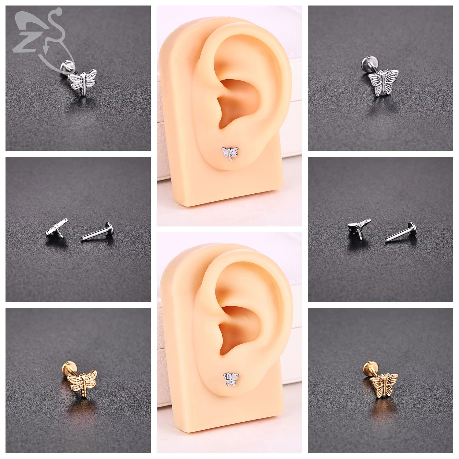 ZS 1PC 16G/18G 316L 스테인레스 스틸 립 링 해바라기 코끼리 Labret 피어싱 골드 컬러 귀 스터드 6mm/8mm 연골 귀걸이