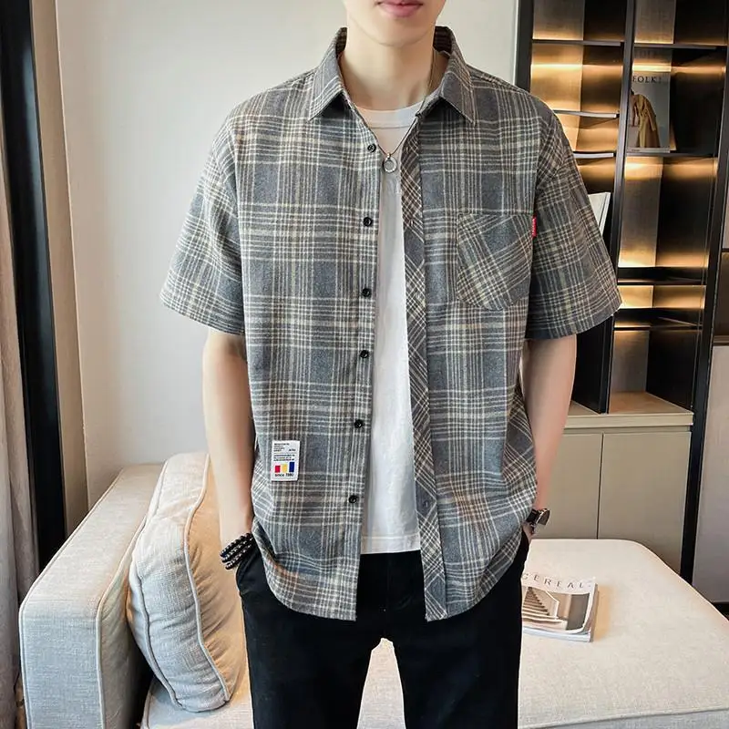 Summer Explosion Short-sleeved Trendy Plaid Shirt Loose Men's Casual All-match Shirt