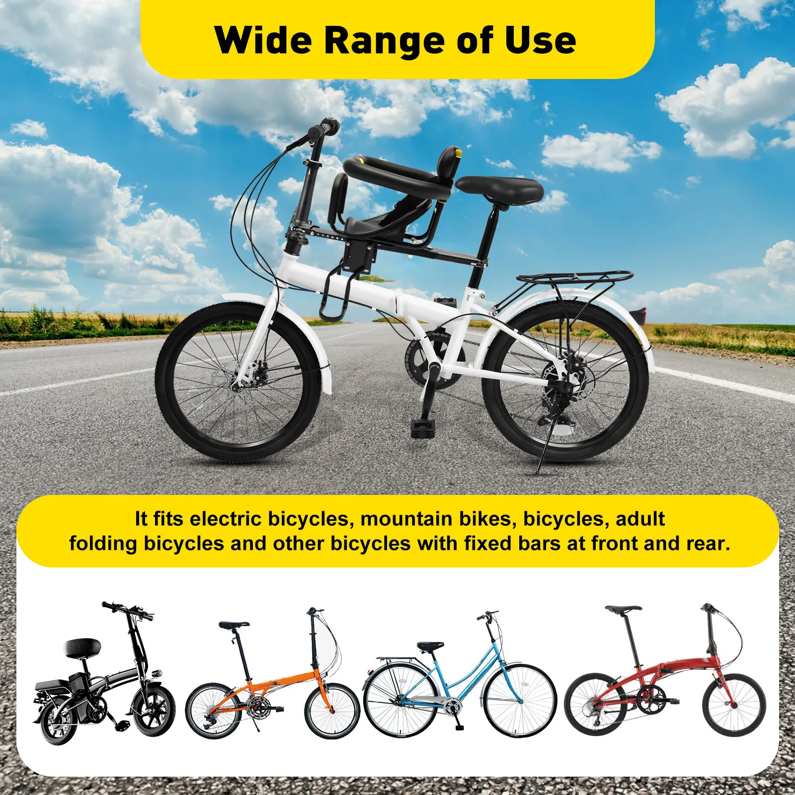 Child Bicycle Seat Bicycle Safety Seat with Adjustable Position Safety Belt & U-Shaped Cushion Perfect for Parent-Child Rides