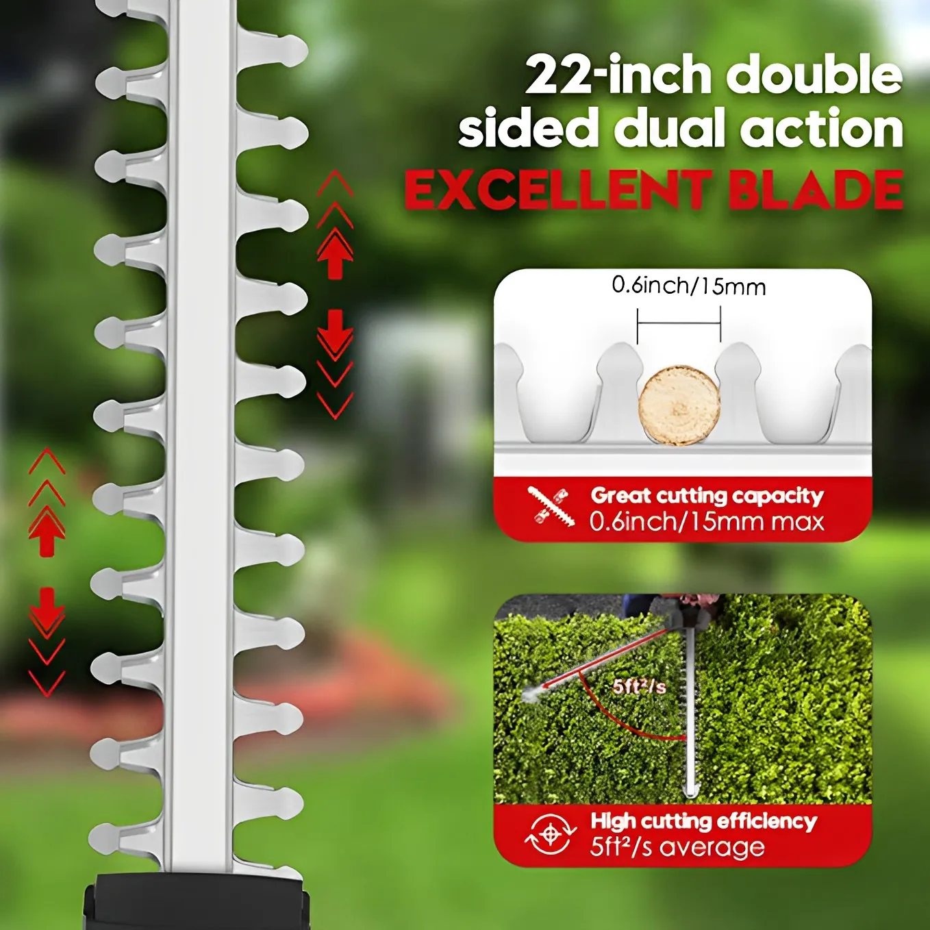 Cordless Hedge Trimmer 22 inch 21V 500W Hedge Trimmer with Dual Action Blade 3/5" Electric Cut Capacity for Bush Lawn Garden 2