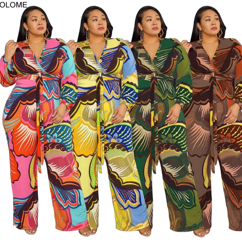 

Multicolors Printing Long Sleeves Wide Leg Women Jumpsuit V Neck Sash Leisure Fashion Party Ladies Rompers Big Size