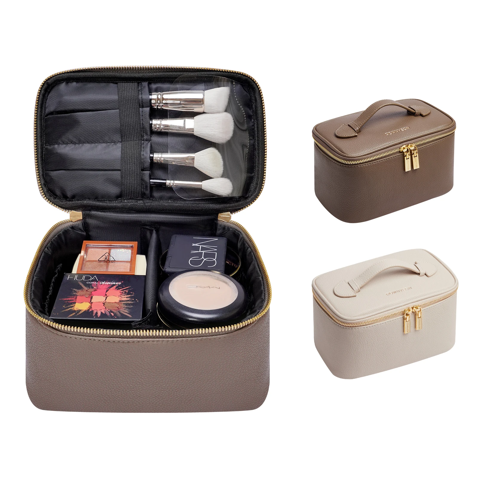 Rownyeon High Quality PU Leather Makeup Travel Bag Portable Toiletry Case with Metal Zipper