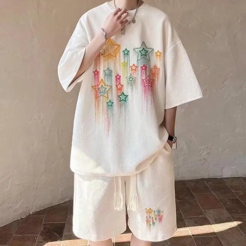 

Спортивный костюм Y2k мужской из 2 предметов, футболка с коротким рукавом и вафельным принтом, модный костюм в Корейском стиле, лето-осень 2023