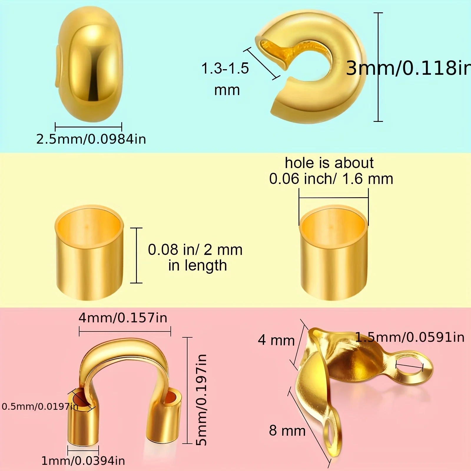 ​​DIY Jewelry Kit - 1800pcs Brass Findings: Crimp Beads, Wire Guardians, Tubes, Bead Tips, Knot Covers (Assorted Colors)​​ - 2
