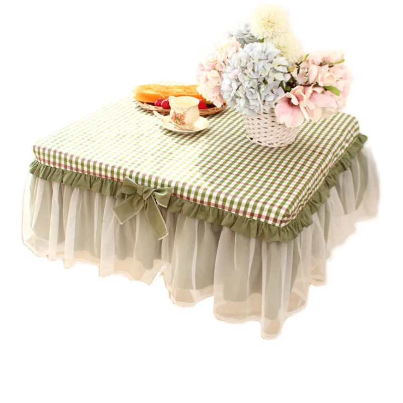 Mustard green plaid lace pastoral fabric pure cotton square tablecloth tablecloth tablecloth - Image 5
