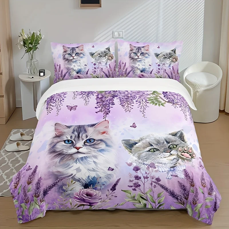 3pcs Duvet Cover Set (1*Duvet Cover + 2*Pillowcase, Without Core), Lavender Cat Animal Floral Print Bedding Set