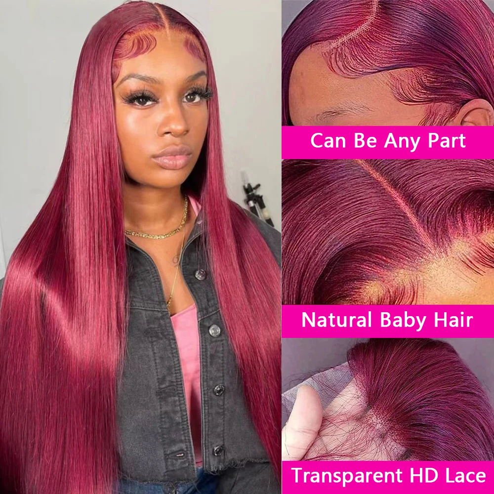 220% Straight Hair Lace Front 99J Human Hair Wigs For Women 34 36 Inch Burgundy 13x6 Hd Lace Frontal Human Hair Wig