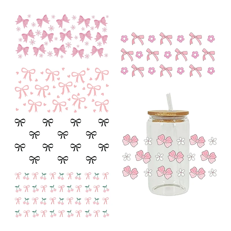 DTF Transfer Sticker UV DTF Transfer Bow Theme 16oz Libbey Glasses Wraps Cup Can DIY Waterproof Easy To Use Decals D17034