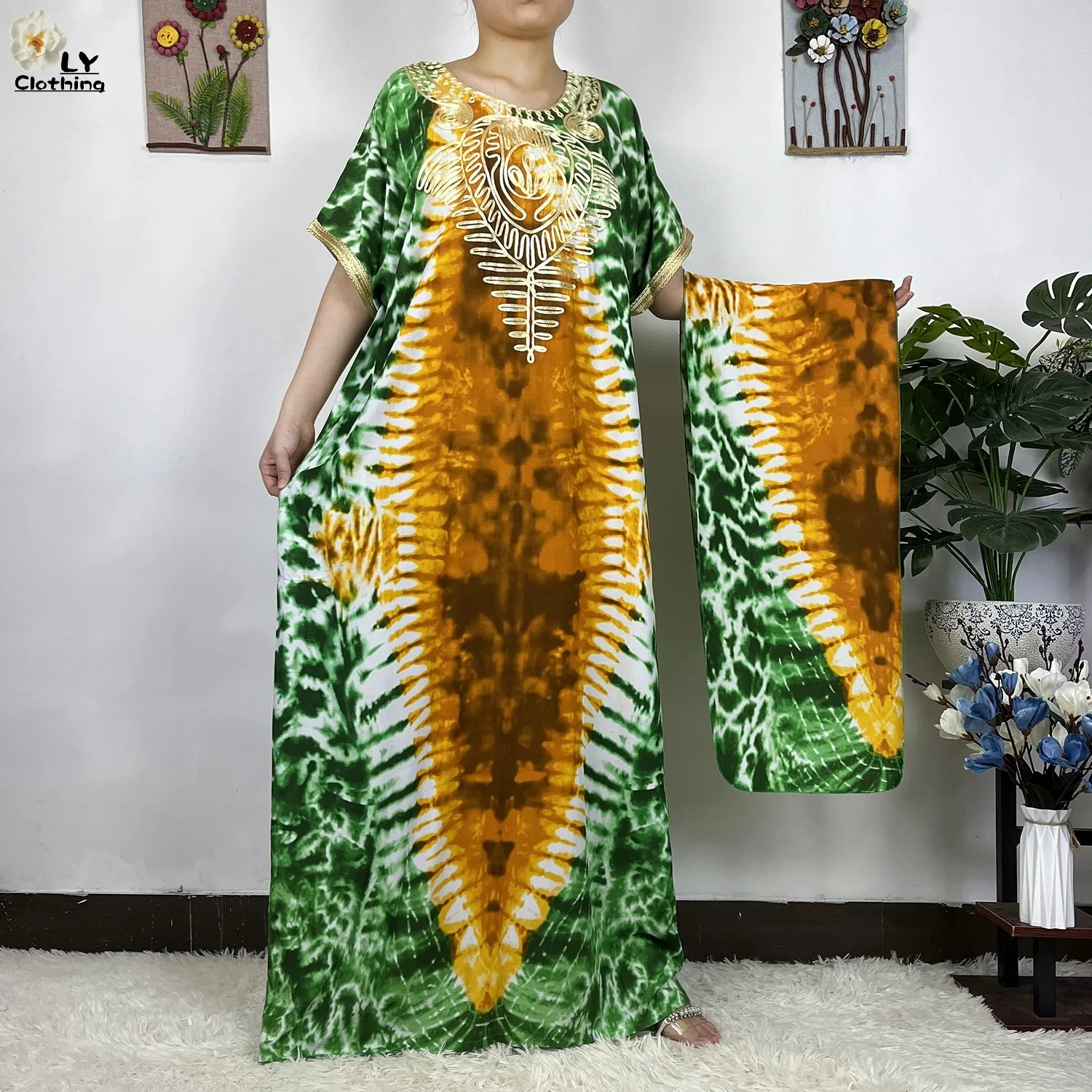 2023 New Dubai Muslim For Women Short Sleeve Printed Cotton Islam Turkey Femme Loose Robe African Abayas Dress With Headscarf