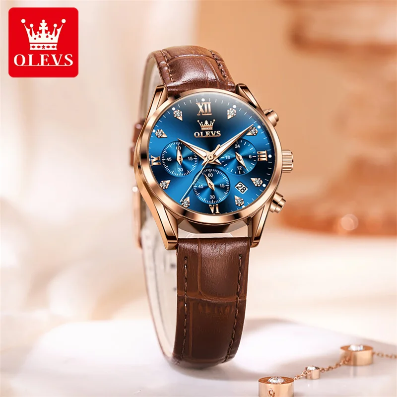 Rose Gold Blue Dial OLEVS New Top Brand Luxury Ladies Diamond Quartz Wristwatch Women Leather Waterproof Watch Reloj Mujer 2023