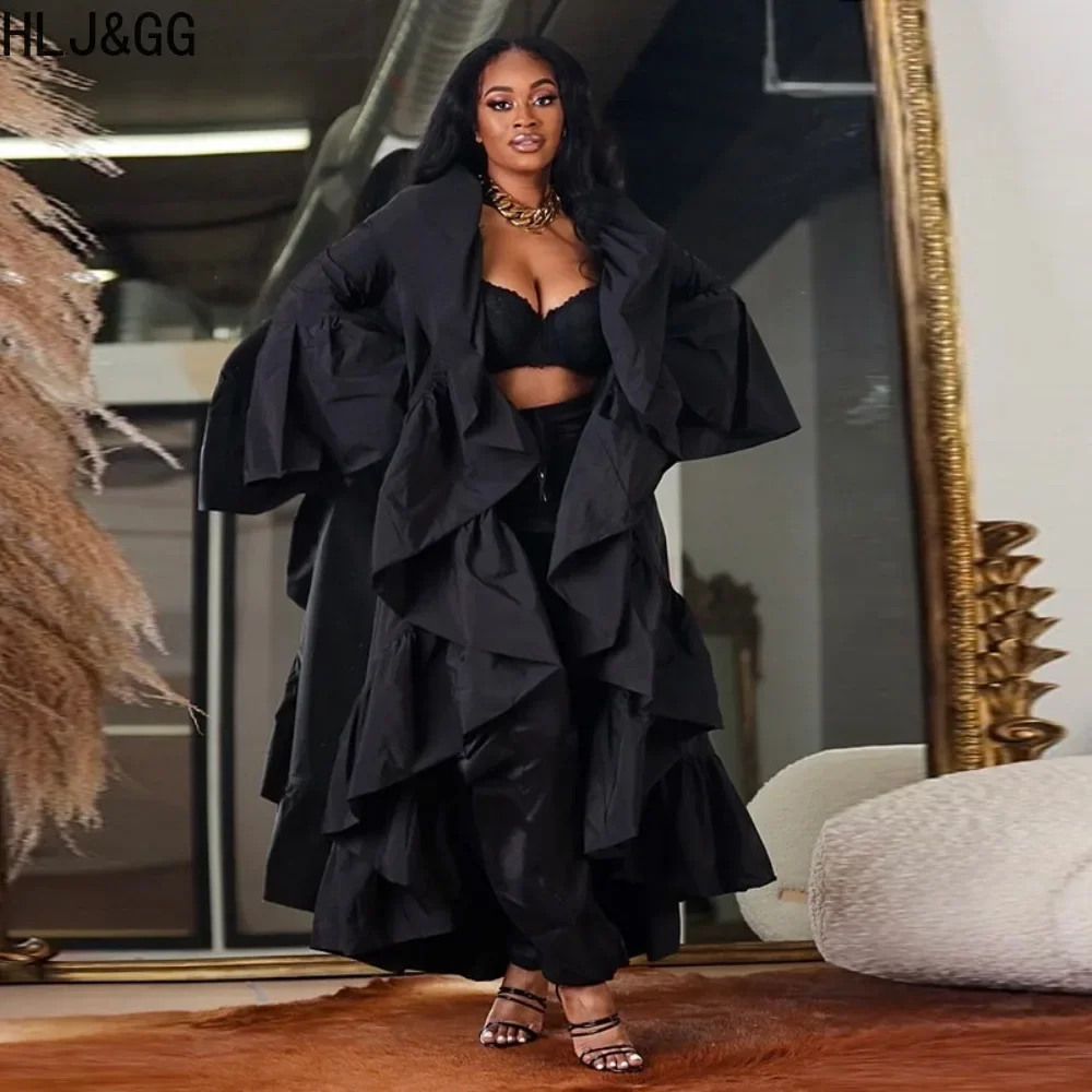 HLJ&GG Fashion Streetwear Women Long Sleeve Ruffle Design Outerwear Casual Female Solid Color Loose Windbreak Coats Female Tops