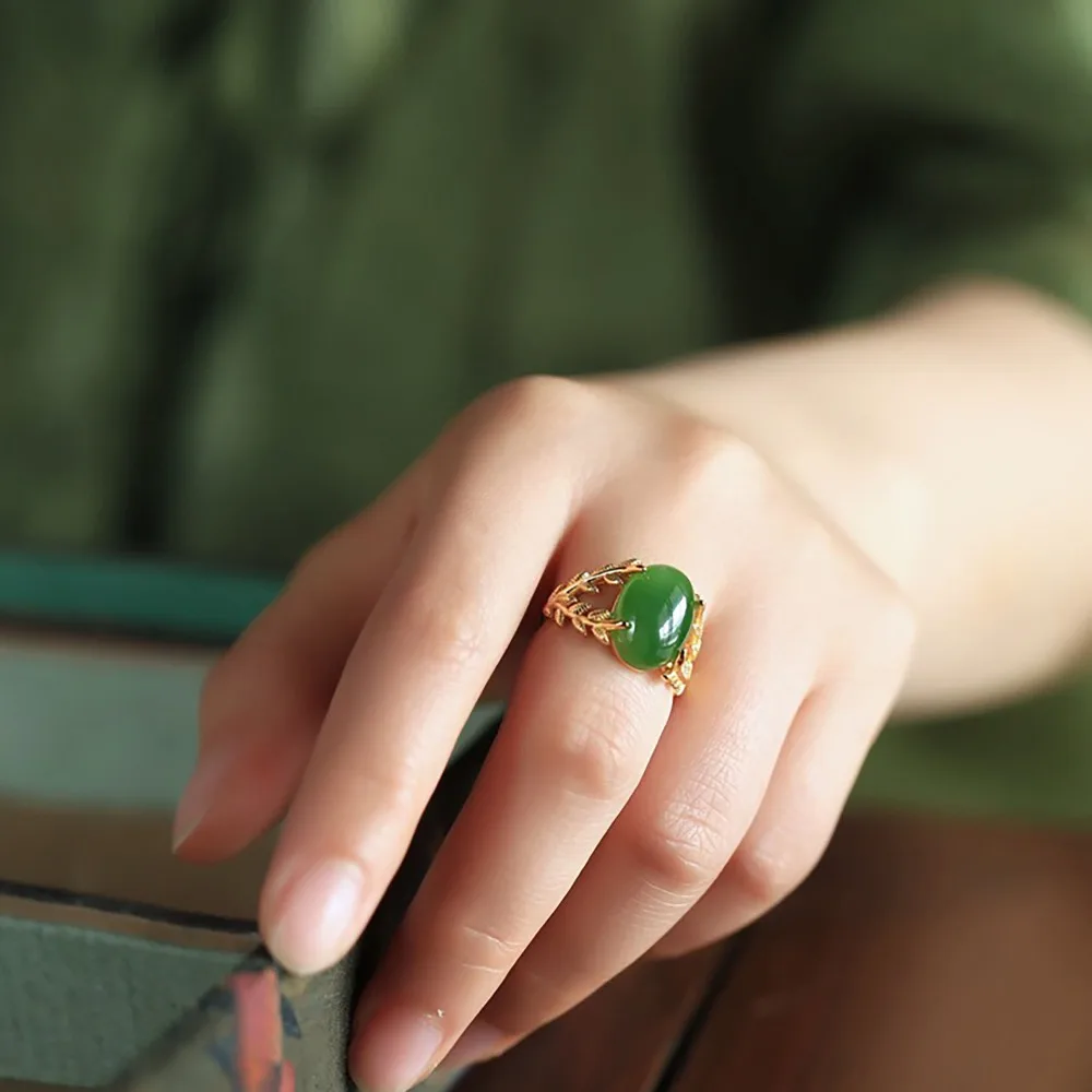 Imitation Natural Hetian Jade Rings Fashion Accessories Jewelry Gifts for Women Talismans 18K Gold Plated Jewelry