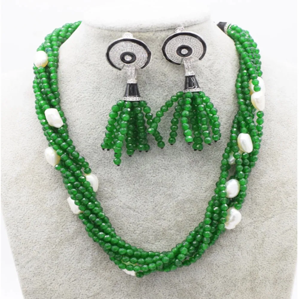 

Handwork made 7rows freshwater pearl white baroque and green jade round faceted 4mm beads necklace earrings