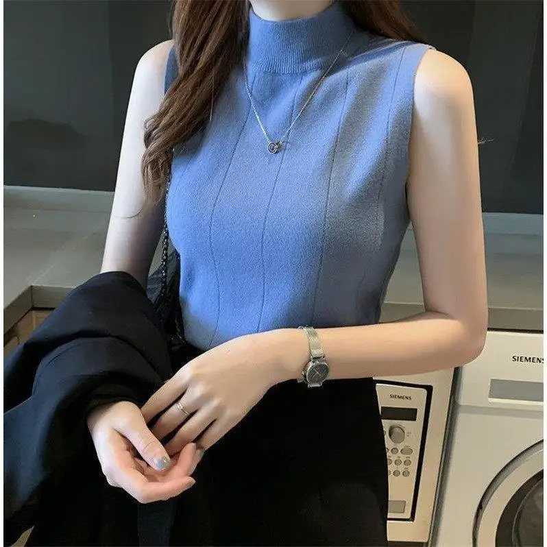 

2023 Spring and Autumn New Half High Collar Underlay Women's Sweaters Sleeveless Knitwear Tank Top Solid Color Top