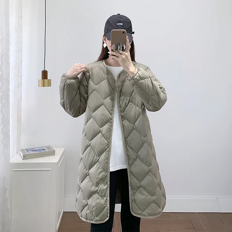 

Winter Long Oversize Down Jacket Women Warm Light Thin White Duck Down Coat Female V Neck Rhombic Lattice Puffer Parkas Outwears