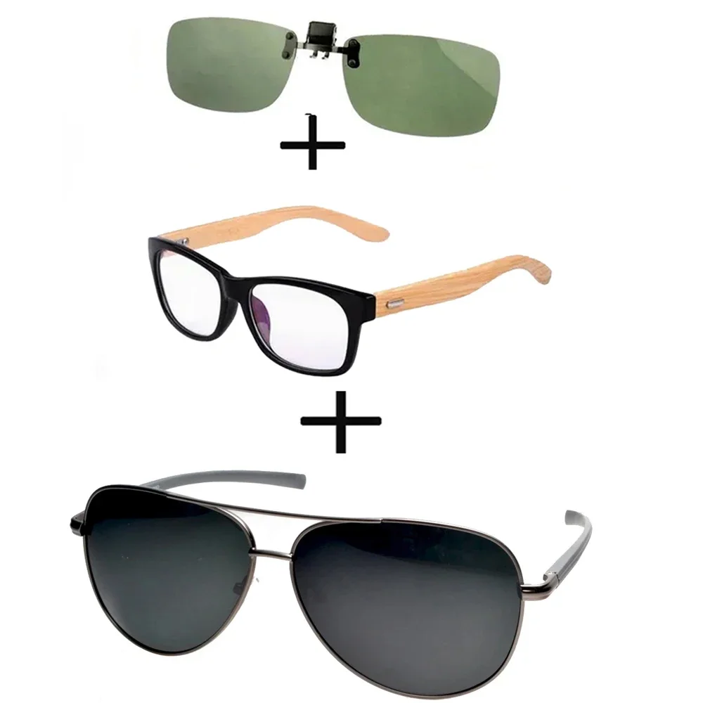 3Pcs!!! Comfortable Wood Squared Frame Reading Glasses Men Women + Alloy Polarized Sunglasses Pilot Driving + Sunglasses Clip