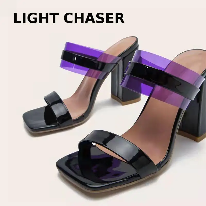 Women's Summer Sexy Large Size High-heeled Sandals And Slippers Solid Color One-line Comfortable Square Head Stiletto Sandals