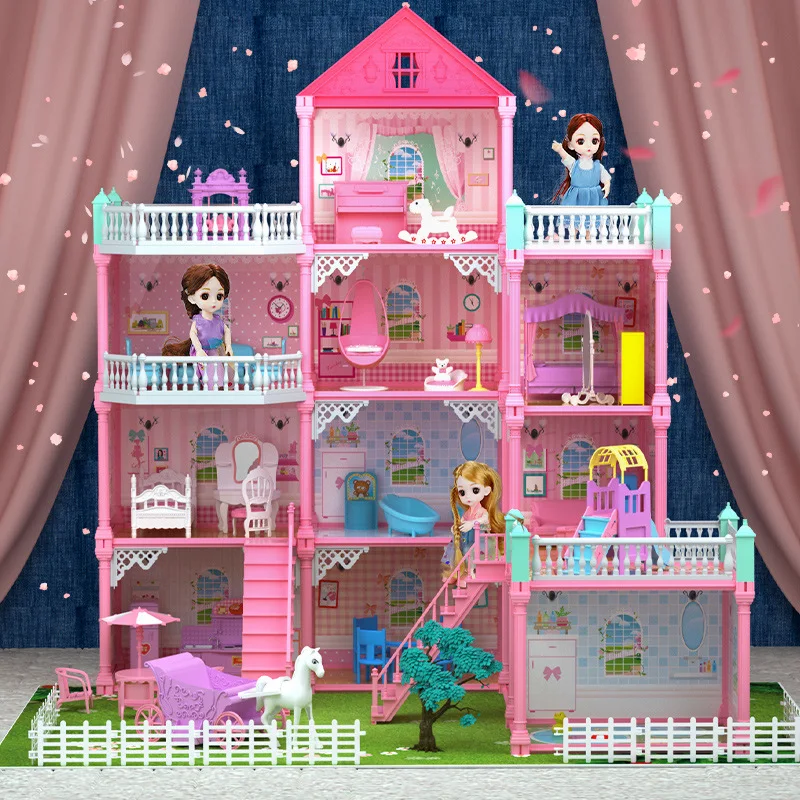 Casa de bonecas miniatura para crianças, casa grande Barbie, cama