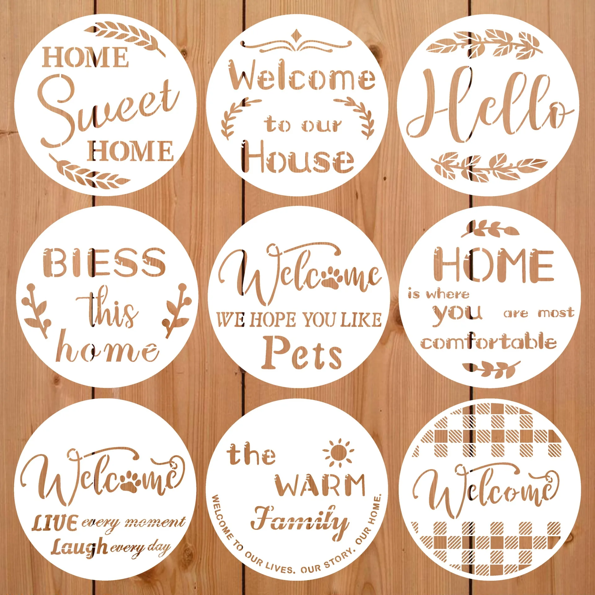 9Pcs/Lot 30cm Round Welcome Words DIY Layering Stencils Wall Painting Scrapbook Coloring Embossing Album Decorative Template