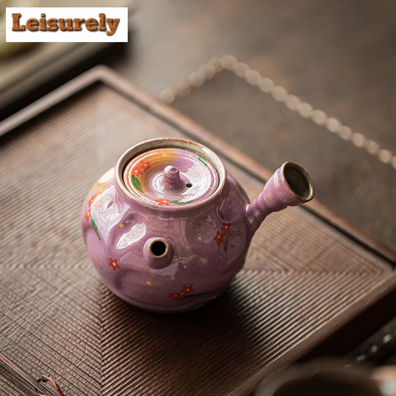 130ml Lilac Purple Hand-painted Small Flower Side Handle Teapot Tea Infuser Pot Tea Making Kettle With Strainer Tea Services