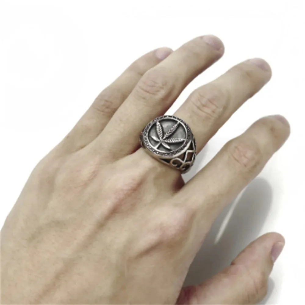 Personalized, Versatile, Simple and Trendy Men's Hollow Niche Round Maple Leaf Weed Hemp Plant Seal Ring Accessories