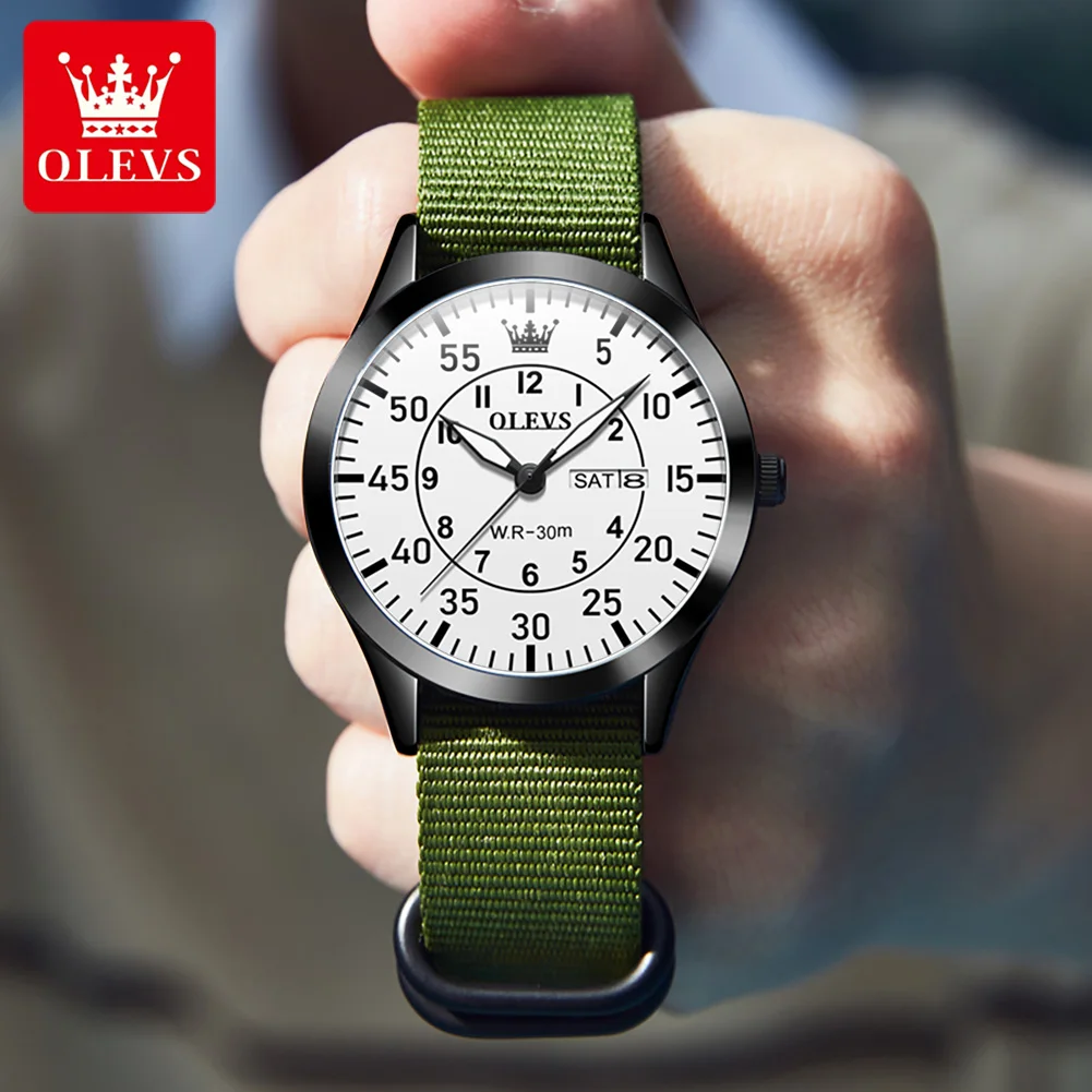 OLEVS Fashion Quartz Watch for Men Nylon Strap Men's Watch Waterproof Luminous Dual Calendar Simple Dial Wristwatch Reloj Hombre