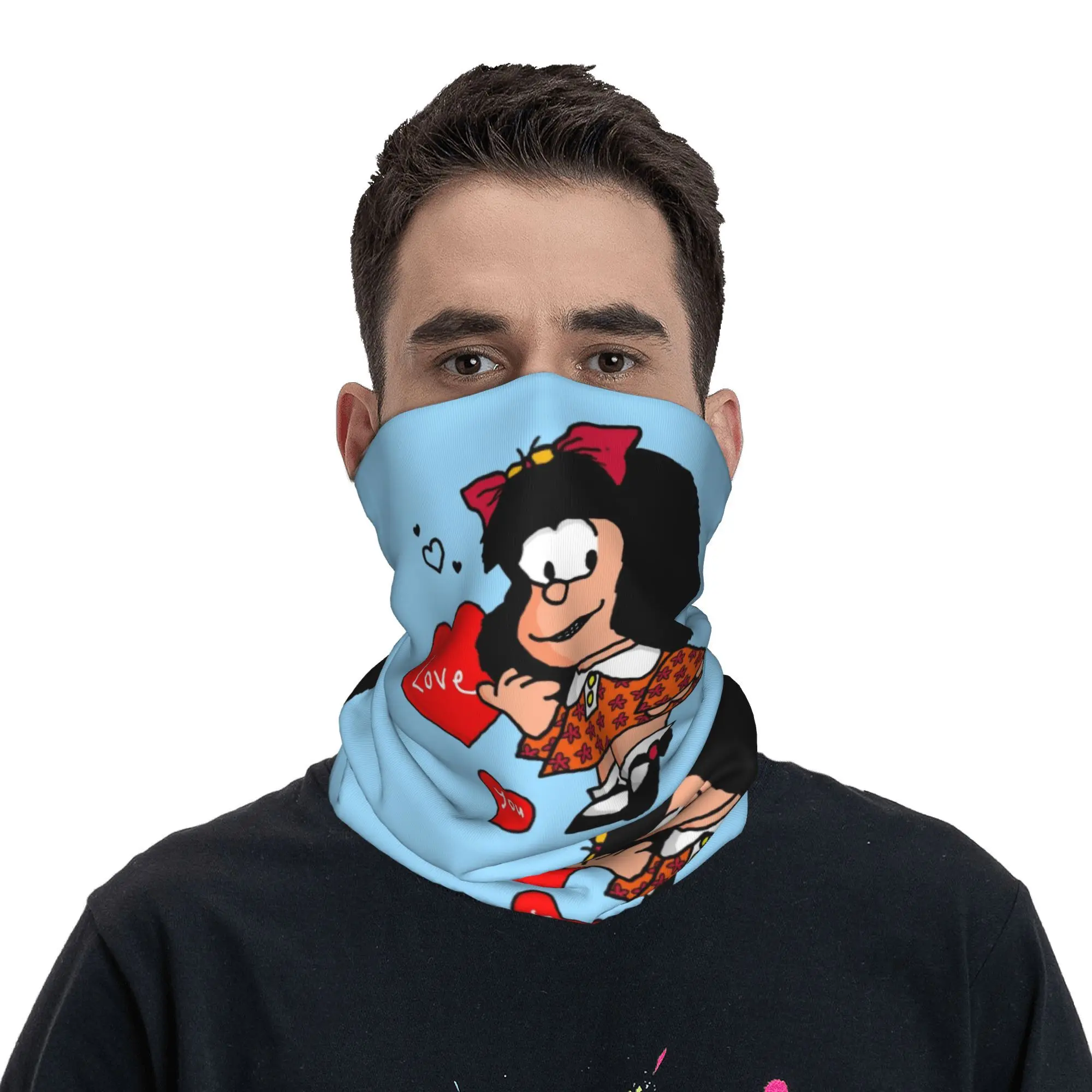 Winter Headband Neck Warmer Women Men Hiking Camping Tube Scarf Cartoon Quino Comic Face Bandana Gaiter Mafalda Love You