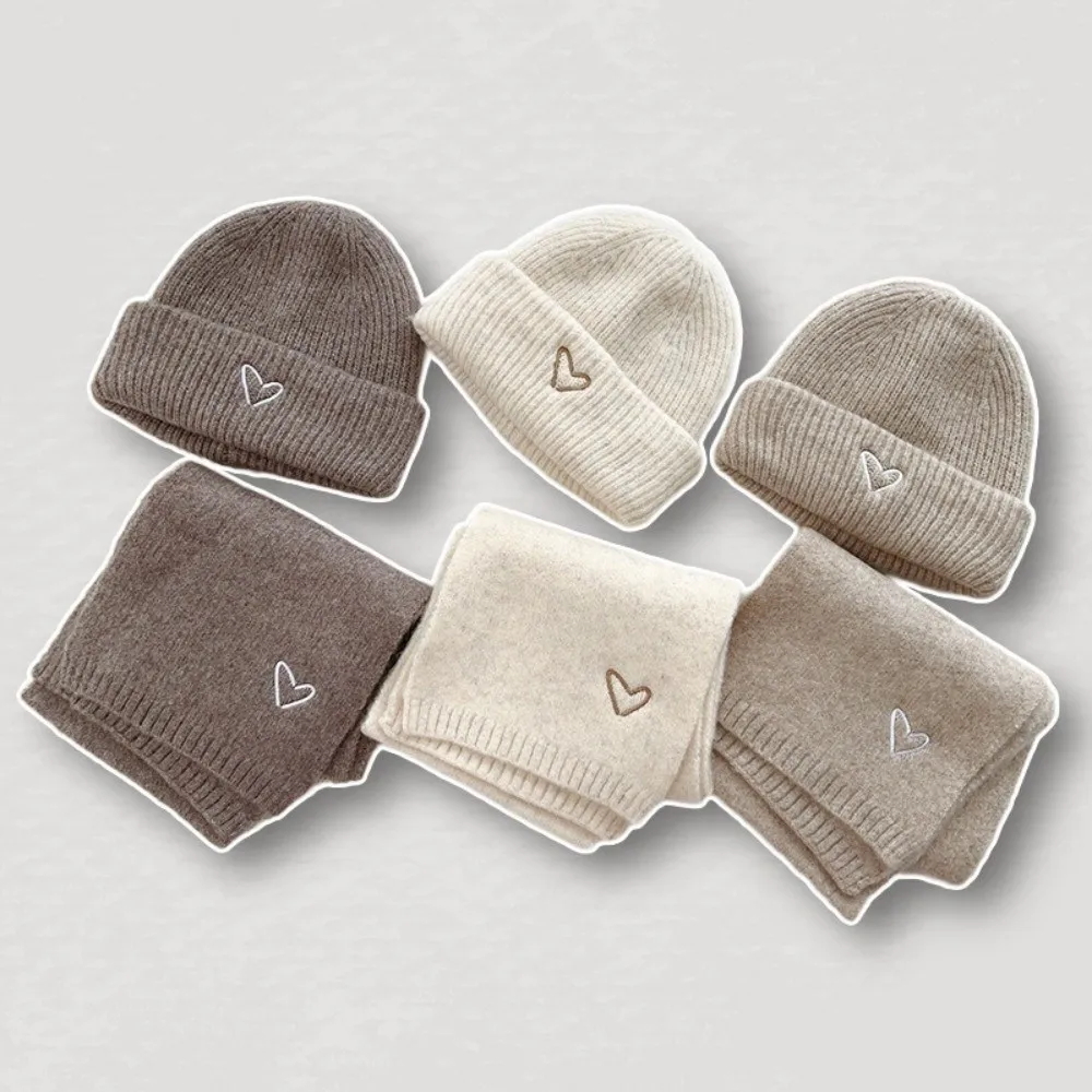 Love Heart Embroidery Knitted Hat Scarf Set Thickened Solid Color Crochet Warm Beanie Cap Windproof Korean Style