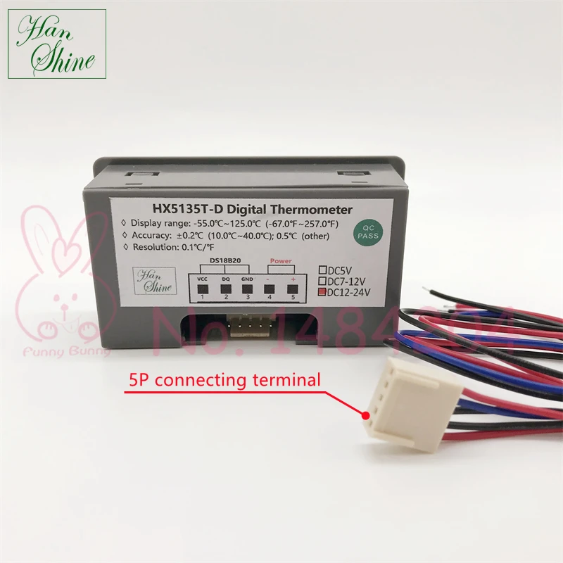 Digital Thermometer DS18B20 Temperature Indicator 5135T -55~125℃ DC5V 12V~24V Red / Blue Font Display