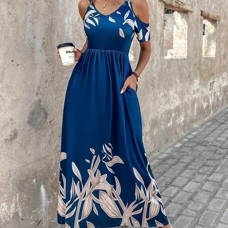 

Off Shoulder New Dress Women Summer Short Sleeve Leaf Print High Waist V-neck Fashion Elegant Casual Commute Female A-line Dress