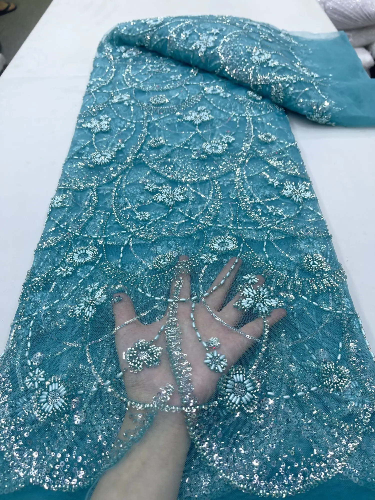 

African French Sequined Lace Fabrics 2024 High Quality Beaded Lace Nigerian Groom Embroidered Dress Material For Party Sewing