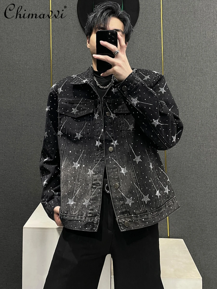 

Fashion Retro Washed Denim Jacket Men's 2024 Spring Heavy Embroidery Hot Drilling Long Sleeve Streetwear Loose-Fit Jacket Top