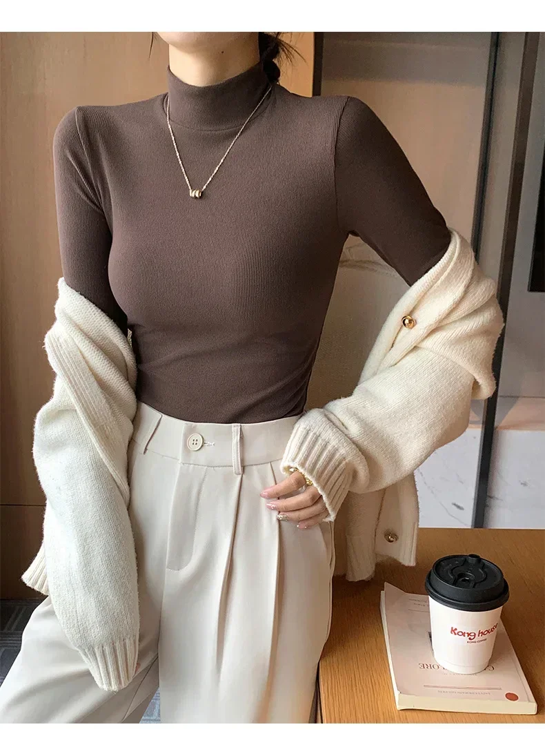 Women Autumn Winter Turtleneck Sweater Vintage Solid Basic Knitted Tops Casual Slim Pullover Korean Fashion Simple Chic Jumpers